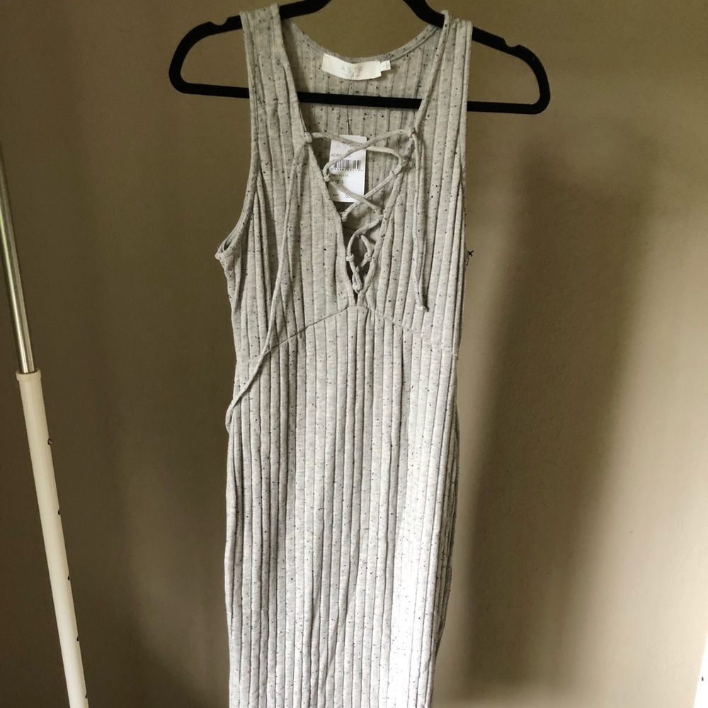Grey ribbed front strap long sleeveless dress